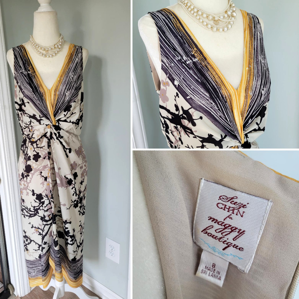 Suzi Chin for Maggy Boutique Dress Sleeveless Gathered V neck Floral Size 8